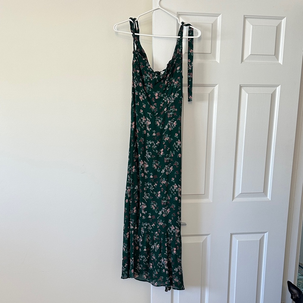 Reformation Dark Green Midi Dress with Pink Floral Print